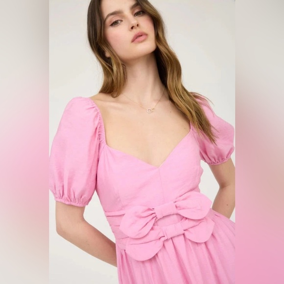 Blu pepper Pink Front Bow Sweetheart Neckline Midi Dress size L NWT - Picture 2 of 15